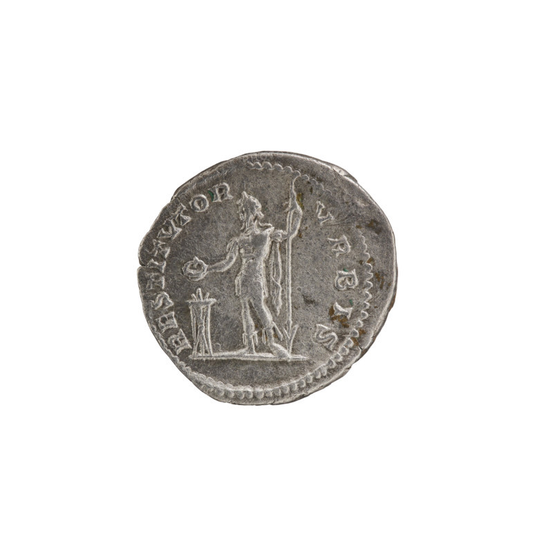 Denarius, Septimius Severus (Roman Emperor; 146–211) — iconography: tripods; emperor standing in front of a tripod. Obverse: SEVERVS AVG, head of Septimius Severus with laurel wreath facing right, pearl rim. Reverse: RESTITVTOR VRBIS, emperor in laurel wreath and military dress with cloak over his left shoulder stands straight, head turned left; in his right hand he holds a patera over a burning tripod, in his left hand he holds a spear with the point downwards, pearl rim. Date: 200–201. Roman Empire (27 BC–476), Rome. Coin: diameter 19.0–19.5 mm, weight 2.55 g.