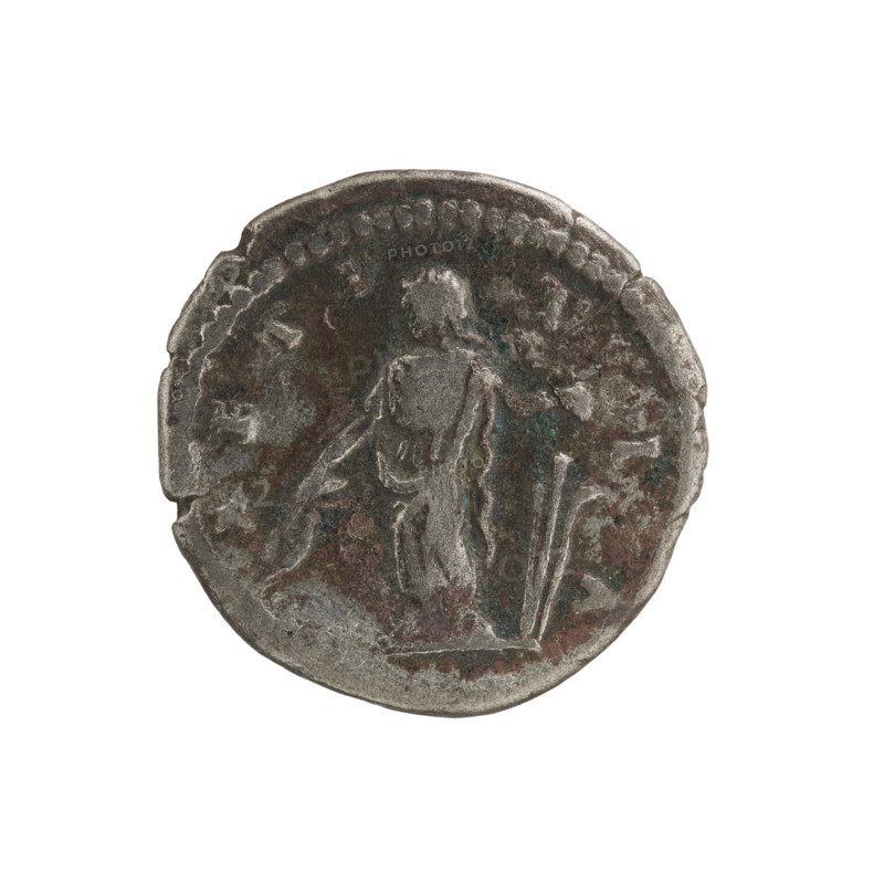 Denarius of Julia Domna (ca. 160–217), Roman Empire. Obverse: IVLIA AVGVSTA — bust of Julia Domna facing right, pearl border. Reverse: LAETITIA — Laetitia standing left, holding a wreath in her right outstretched hand and a rudder in her left, pearl border. Iconography: Julia Domna (Roman empress, 193–211), Laetitia personification; Laetitia standing with wreath and cornucopia/rudder (iconographic). Date: 198–209. Material: coin; diameter 18.0 mm, weight 3.14 g.