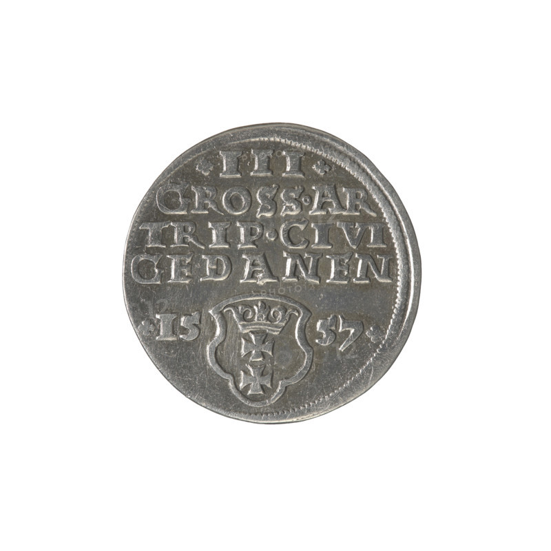 Gdansk trojak, Sigismund II Augustus (King of Poland; 1544–1572), Jagiellonians (dynasty); royal bust; Gdansk (coat of arms); Polish coin; city coat of arms; male bust; Sigismund II Augustus (1520–1572) — iconography; inscriptions. Obv.: Crowned male bust in profile turned right; in the rim an inscription divided at the top, terminating in a lily: SIGIS.AVG.REX.PO.D.PRVS. Rev.: Below the number of values: .III.; inscription: GROSS.AR/TRIP.CIVI/GEDANEN; below the year: .15-57. separated by a shield with the coat of arms of Gdansk. 1557, Poland, Gdansk; coin.