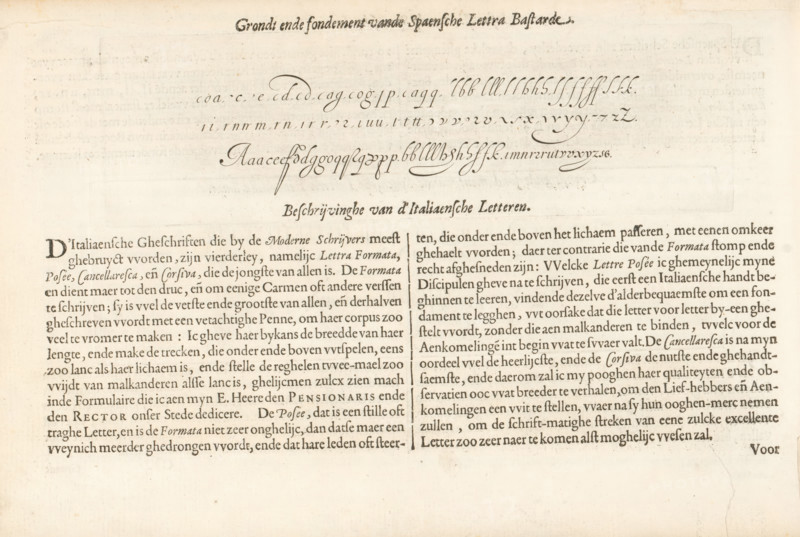 Writing example of the Spaensche Lettera Bastarde and the beginning of the description about the Italian hands, Descriptionhe van d'Italiaensche Letteren, Instructie vande Spaensche Letter, Fondement-Boeck, Spieghel der Schriftkonste, print, album page, text sheet, Folio C1v with a writing example entitled: Grondt ende foundation of the Spanish Lett(e)ra Bastarde. Below that is the beginning of the description about the Italian hands. The sheet is part of an album., printmaker: Simon Frisius, Haarlem, after design by Jan van de Velde (I), writer (clerical worker): Jan van de Velde (I), Rotterdam, publisher: Jan van de Velde (I), 1605, Jan van de Velde (I), Simon Frisius, printmaker, after design by, writer (clerical worker), publisher, paper, letterpress printing, engraving, text in letterpress, height 72 mm x width 235 mm, height 210 mm x width 315 mm, calligraphy, A wide, aged sheet of paper with printed calligraphic strokes and decorative looping penmanship near the top center and a...