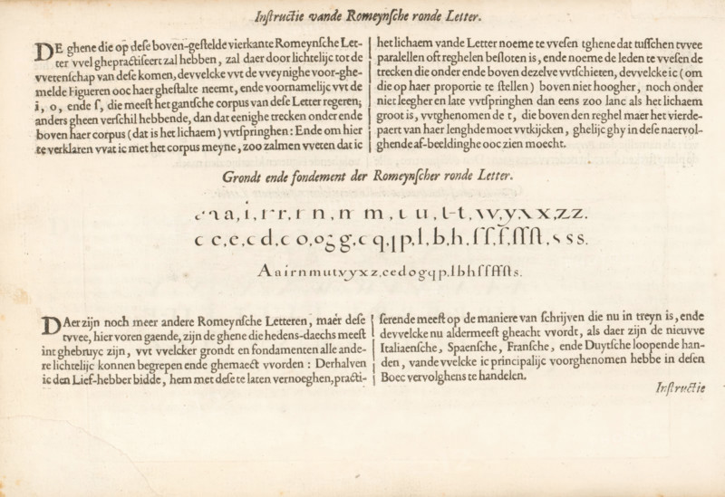 Description and writing example of the Roman round letter, Instruction of the Roman round letter, Fondement-Boeck, Spieghel der schrijfkonste, print, album page, text sheet, Folio B2v with a writing example titled: Ground and fondament of the Roman round letter. The sheet is part of an album., printmaker: Simon Frisius, Haarlem, after design by Jan van de Velde (I), Rotterdam, 1605, writer (clerical worker), paper, letterpress printing, engraving, woodcut, text in letterpress, height 63 mm x width 241 mm, height 210 mm x width 315 mm, calligraphy, A sheet with an aged, cream-colored background and uneven discoloration, showing printed columns of dark ink text with decorative initial characters and ornamental headings, separated by a central blank area containing lines of stylized alphabetic characters arranged in rows, each row centered and evenly spaced, with distinctive serifs and varied stroke thicknesses; faint spots, smudges, and edge wear are visible across the page, including a ...