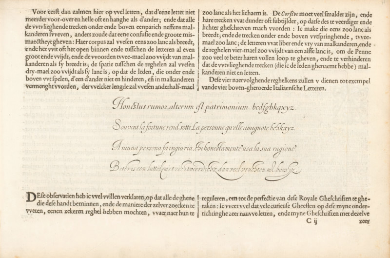 Description of Italian Literature, Description of Italian Literature (continuation) and a writing example, Fondement-Boeck, Spieghel der schrijfkonste, print, album page, text sheet, Folio C2r with a continuation of the description of Italian literature and a writing example with four lines of text in four hands: Honestus rumor ... The page is part of an album., printmaker: Simon Frisius, Haarlem, after design by Jan van de Velde (I), Rotterdam, 1605, writer (clerical worker), paper, letterpress printing, engraving, text in letterpress, height 110 mm x width 236 mm, height 210 mm x width 315 mm, calligraphy, A aged cream-colored page with printed and handwritten text arranged in distinct sections, the top portion containing two narrow columns of dark serif type separated by a thin vertical rule, the center area featuring several lines of flowing cursive script in a darker ink with elegant loops and varied stroke widths, and the lower area showing another block of serif text with larger...