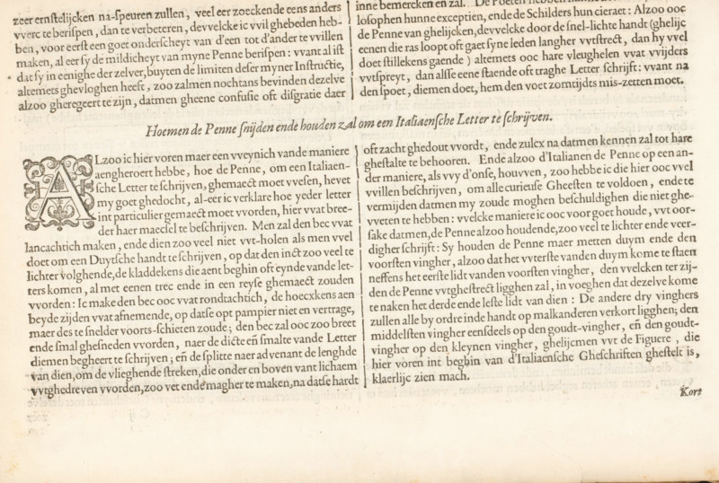 Description of the Italian letter (second continuation) and explanation of how to cut the reed pen for writing the Italian letter, Description of the Italian Letters, How to cut and hold the pen to write an Italian letter, Mirror of the art of writing, Foundation Book, album page, text sheet, Folio C2v with the second continuation of the description of the Italian letter. Then an explanation of how the reed pen must be cut to write an Italian letter. The text begins with a decorated initial A. The sheet is part of an album., writer (clerical worker): Jan van de Velde (I), Rotterdam, 1605, writer (clerical worker), paper, letterpress printing, woodcut, text in letterpress, height 210 mm x width 315 mm, A faded printed page showing two columns of dense serif text with a decorative ornate initial letter on the left column, visible horizontal and vertical alignment guides dividing sections, aged paper with light discoloration and small spots, and darker ink impressions where the type is he...