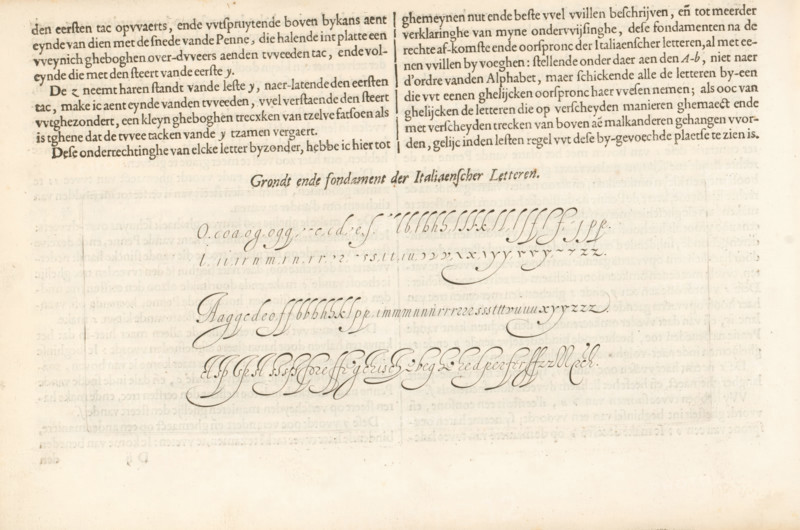 Short report and substantiation of how the Italian letters must be written by each individual, Description of writing the Italian letter (third continuation) and a writing example of the Italian letter, Fondement-Boeck, Spieghel der schrijfkonste, print, albumblad, text sheet, Folio D2v with a third continuation of the instruction on how the Italian letter must be written and a writing example of four lines titled: Grondt ende fondament der Italiaenscher Letteren. The sheet is part of an album., printmaker: Simon Frisius, Haarlem, after design by Jan van de Velde (I), Rotterdam, 1605, writer (clerical worker), paper, letterpress printing, engraving, text in letterpress, height 90 mm x width 235 mm, height 210 mm x width 315 mm, calligraphy, A faded sheet of paper with printed and handwritten calligraphic markings across the upper and central areas, showing dark printed paragraphs at the top and several flowing, ornate swashes and strokes in elegant penmanship below, arranged in horizon...