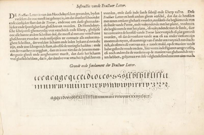 Description and writing example of the Fraktuer Letter, Instruction of the Fraktuer Letter, Instruction of the Dutch coarse and small letters, Mirror of writing, Foundation Book, print, album page, text sheet, Folio E2r with a description and a writing example of the Fraktuer Letter. The sheet is part of an album., printmaker: Simon Frisius, Haarlem, after design by Jan van de Velde (I), Rotterdam, 1605, writer (clerical worker), paper, letterpress printing, engraving, text in letterpress, height 85 mm x width 242 mm, height 210 mm x width 315 mm, calligraphy, A faded printed page with a two-column block of dense dark type at the top and a decorative centered heading beneath it, followed by several lines of stylized calligraphic strokes and ornamental flourishes spreading across the middle of the sheet; the paper shows a warm off-white tone with slight foxing and small scattered spots, faint horizontal crease marks, and a narrow darker margin along the left edge.