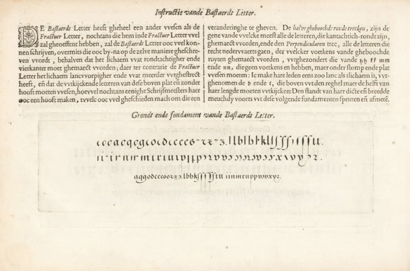 Instruction of the Bastard Letter, Description and writing example of the Bastard Letter, Instruction of the Dutch coarse and small letters, Foundation Book, Mirror of the writing art, print, album page, text sheet, Folio E2v with a description and a writing example of the Bastard Letter. The sheet is part of an album., printmaker: Simon Frisius, Haarlem, after design by Jan van de Velde (I), Rotterdam, 1605, writer (clerical worker), paper, letterpress printing, engraving, text in letterpress, height 68 mm x width 248 mm, height 210 mm x width 315 mm, calligraphy, A cream-colored page with an aged, slightly spotted background displaying a printed layout divided into upper and lower sections by a centered ornamental heading. The top section contains two blocks of dense, dark text separated by a thin vertical rule, and a decorative initial on the left margin with floral motifs. The lower section shows a framed rectangular area with neat rows of stylized calligraphic strokes and marks ar...
