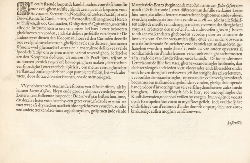 Description of various Dutch letters, Instruction of the Dutch coarse and small letters, Foundation Book, Mirror of the Art of Writing, album page, text sheet, Folio F1v with a description of various Dutch letters. The text begins with a small initial D. The page is part of an album., writer (clerical worker): Jan van de Velde (I), Rotterdam, 1605, writer (clerical worker), paper, letterpress printing, woodcut, text in letterpress, height 210 mm x width 315 mm, The image shows an aged, off-white sheet with two dense columns of small, dark printed text occupying the upper half, a decorative initial at the start of the left column, and a narrow vertical rule separating the columns; the lower half of the sheet is largely blank with subtle paper texture, faint smudges, and slight discoloration, and a small ornamental mark appears near the lower right edge.