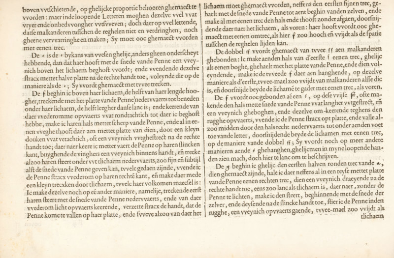 Instruction on writing Dutch literature (continuation), Instruction on writing Dutch coarse and small literature, Foundation Book, Mirror of the art of writing, album page, text sheet, Folio F2v with the continuation of the instruction on writing Dutch literature. The text sheet is part of an album., writer (clerical worker): Jan van de Velde (I), Rotterdam, 1605, writer (clerical worker), paper, letterpress printing, text in letterpress, height 210 mm x width 315 mm, A close-up of a page from an old book showing two columns of dense printed text in a serif type with uneven inking and slight variations in letter shapes, printed on aged, off-white paper with visible discoloration and small brown foxing spots, a narrow vertical gap between the columns, and a margin space at the bottom and sides.