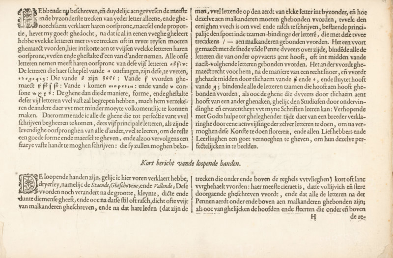 Instruction on writing Dutch letters (sixth continuation) and a short report on the running hands, Underrichtinghe der Nederlandtsche grove ende kleyne letteren, Fondement-Boeck, Spieghel der schrijfkonste, albumblad, text sheet, Folio H1r with the sixth continuation of the instruction on writing Dutch letters and a short report on the Dutch running hands. The texts begin with the two decorated initials H and D. The sheet is part of an album., writer (clerical worker): Jan van de Velde (I), Rotterdam, 1605, writer (clerical worker), paper, letterpress printing, woodcut, text in letterpress, height 210 mm x width 315 mm, The image shows an aged page with two columns of dense printed text separated by a vertical rule, decorative initial letters at the start of paragraphs, and a centered short line of text between the columns; the paper has a warm off-white tone with slight discoloration and small spots near the edges, and the printing exhibits dark brown ink with consistent serif type an...
