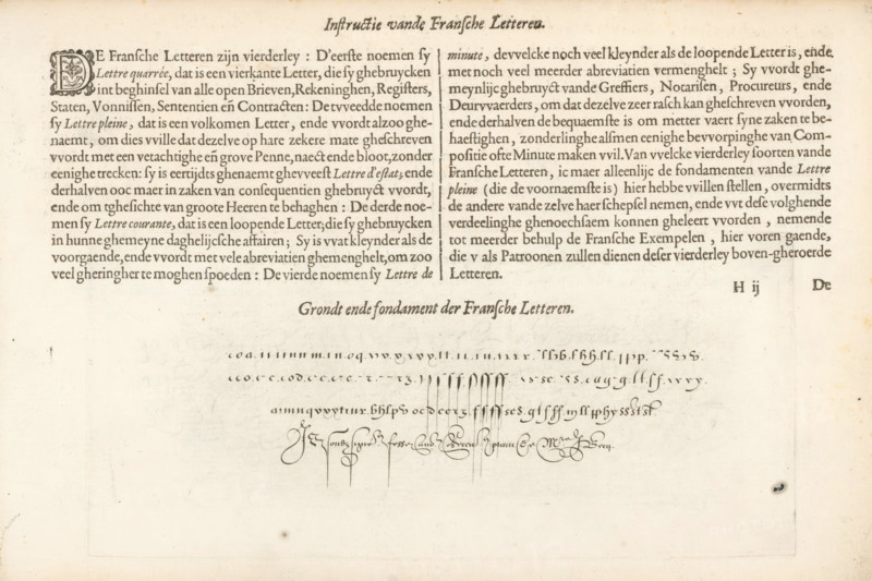 Instruction of French Literature, Description and writing example of French literature, Mirror of the Art of Writing, Foundation Book, print, album page, text sheet, Folio H2r with a description and a writing example of French literature. The text begins with a small initial D. The sheet is part of an album., printmaker: Simon Frisius, Haarlem, after design by Jan van de Velde (I), Rotterdam, 1605, writer (clerical worker), paper, letterpress printing, engraving, woodcut, text in letterpress, height 114 mm x width 247 mm, height 210 mm x width 315 mm, calligraphy, An aged sheet of paper with printed text in a serif type arranged in two columns across the top half, featuring a decorative ornate initial at the start of the left column and a centered italicized heading between the columns, with additional smaller ornamental marks and flourishing calligraphic pen strokes and examples of cursive writing below, all on a pale beige background showing light foxing and faint creases.
