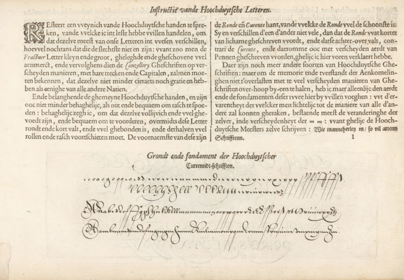 Description and writing example of High German literature, Instruction of High German Literature, Mirror of the Art of Writing, Foundation Book, print, album page, text sheet, Folio I1r with a description and a writing example of High German literature. The sheet is part of an album., printmaker: Simon Frisius, Haarlem, after design by Jan van de Velde (I), Rotterdam, 1605, writer (clerical worker), paper, letterpress printing, engraving, woodcut, text in letterpress, height 77 mm x width 241 mm, height 210 mm x width 315 mm, calligraphy, The image shows a sheet with printed and handwritten elements arranged in two horizontal sections, the upper area filled with dense printed text in dark ink aligned in two columns and separated by a thin vertical rule, while the lower area contains decorative flowing cursive strokes and ornamental calligraphic flourishes in darker ink on a lighter background; the paper has an aged, slightly yellowed tone with faint spots and subtle creases, and a larg...