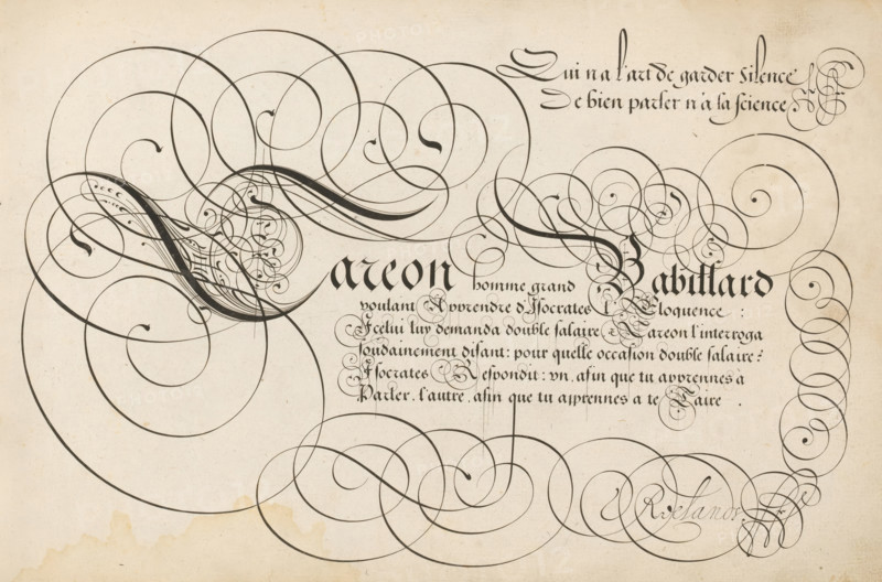 Writing sample: Careon homme grand, 't Magazin oft pac-huys der loffelycker penn-const, print, album page, ornamental print, Writing sample with ornamented initial C and six lines of text in French: Careon homme grand ... Above that two lines of text: Qui na l'art de ... The text is framed by scrollwork., printmaker: Simon Frisius, after design by David Roelands, Flushing, 1616 - 1617, paper, engraving, gravure, height 228 mm x width 345 mm, calligraphy, A large sheet with a light beige background covered in ornate black ink calligraphic flourishes and swirling loops, concentrated on the left and right edges and flowing toward the center, with dense clusters of fine curving lines forming decorative shapes that include thickened strokes and tapered filigree, and areas of repeating spiral motifs; a bold decorative word rendered in a dark black gothic script sits near the center-right, surrounded by several lines of smaller, tightly spaced calligraphic lines arranged vertically beneath it...
