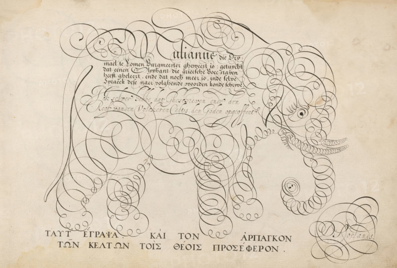 Writing sample with an elephant in scrollwork, 't Magazin oft pac-huys der loffelycker penn-const, print, album page, ornamental print, Writing sample with an elephant in scrollwork and five lines of text in Dutch: Tulianus(?) who was Mayor of Rome for three times ... Below that two lines: I myself have ... At the bottom two lines in Greek., printmaker: Simon Frisius, after design by David Roelands, publisher: David Roelands, Flushing, 1616 - 1617, Simon Frisius, David Roelands, printmaker, after design by, publisher, paper, engraving, gravure, height 228 mm x width 345 mm, trunked animals: elephant, calligraphy, A large drawing of an elephant composed entirely of flowing dark ink spirals and flourishes on a light textured background, showing the elephant's head with a circular eye and long curling tusks and trunk, slender curved legs formed from stacked loops, and a body made of overlapping looping lines; ornate calligraphic handwriting sits near the elephant's upper body, and a line ...