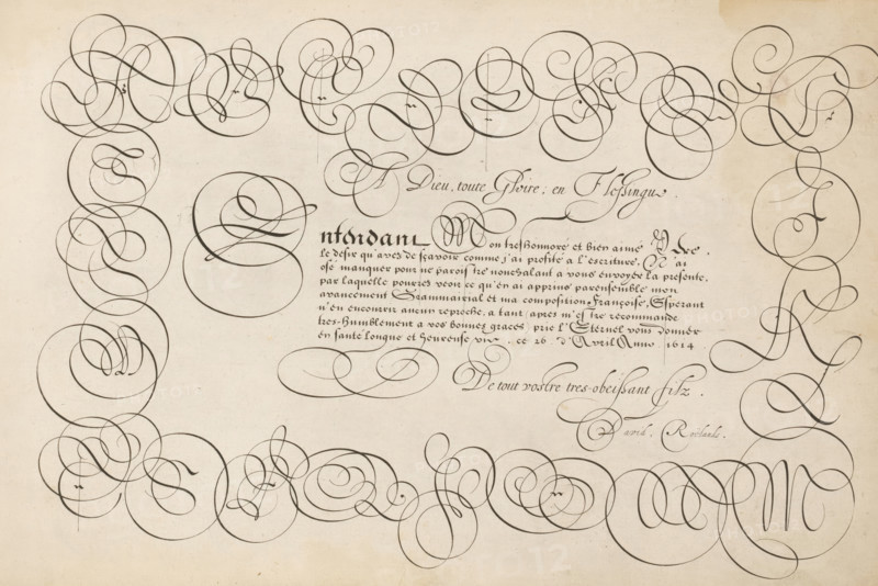 Writing sample: Entendant Mon treshonnoré, 't Magazin oft pac-huys der loffelycker penn-const, print, album page, ornamental print, Writing sample with ten lines of text in French addressed to the father of David Roelands: Entendant Mon treshonnoré ... Above it the text: A Dieu, toute Gloire, en Flessingue. The text is framed by the alphabet., printmaker: Simon Frisius, after design by David Roelands, publisher: David Roelands, Flushing, 1616 - 1617, Simon Frisius, David Roelands, printmaker, after design by, publisher, paper, engraving, gravure, height 228 mm x width 345 mm, calligraphy, A large sheet of aged paper filled with dark flowing ink flourishes forming loops and spirals that create a decorative border around a central block of denser, smaller handwritten strokes, with the ornamental swirls varying in thickness and overlapping across the top, sides, and bottom of the page.