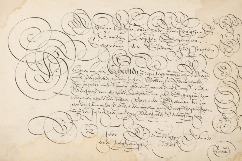 Writing sample: The Life of a Christian, 't Magazin oft pac-huys der loffelycker penn-const, print, album page, ornamental print, Writing sample with large initial H and seven lines of text in Dutch: The Life of a Christian ... Above it a two-line dedication to Daniel Leijnsen Scheuyen from Vlissingen. To the right of the text several figures in scrollwork., printmaker: Simon Frisius, after design by David Roelands, publisher: David Roelands, Flushing, dedicated to: Daniel Leynsz. Scheuye, 1616 - 1617, Simon Frisius, David Roelands, Daniel Leynsz. Scheuye, printmaker, after design by, publisher, paper, engraving, gravure, height 228 mm x width 345 mm, calligraphy, A sheet of aged paper with inked ornamental calligraphic flourishes and looping pen strokes spread across the surface, featuring dense clusters of curving spirals and elegant swirls concentrated toward the upper and central areas and additional circular loops along the right and lower margins, with variations in line thicknes...