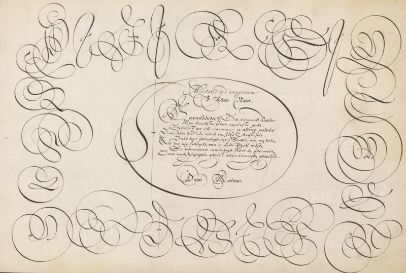 Writing example: Meditation on the anagram, 't Magazin oft pac-huys der loffelycker penn-const, print, album page, ornamental print, Writing example with ten lines of text in Dutch: Meditation on the anagram ... The text is framed by initials., printmaker: Simon Frisius, after design by David Roelands, publisher: David Roelands, Flushing, 1616 - 1617, Simon Frisius, David Roelands, printmaker, after design by, publisher, paper, engraving, gravure, height 228 mm x width 345 mm, calligraphy, A large sheet with many elegant, looping black ink flourishes and swirls arranged around a central oval, the flourishes varying in thickness and forming circular and ribbon-like shapes along the edges and bottom; the central oval contains denser, smaller cursive marks and compact decorative loops, and thin guide lines extend vertically and diagonally intersecting the oval; the background is an aged off-white paper with subtle discoloration and tiny speckles.