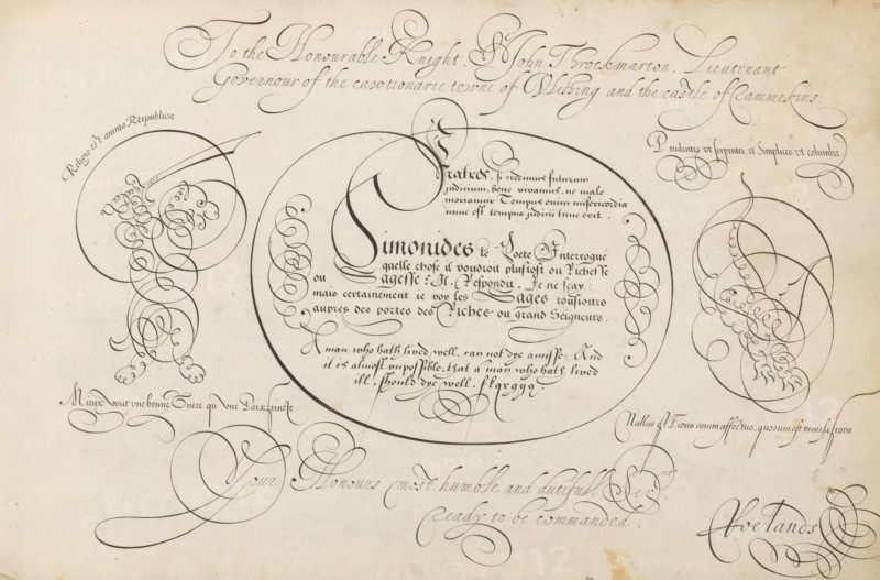 Writing example: Fratres, si credimus, 't Magazin oft pac-huys der loffelycker penn-const, print, album page, ornamental print, Writing example with texts in Latin, French and English: Fratres, si credimus ..., Simonides le Poete ..., A man who hath lived well ... Above this a two-line text with a dedication to Sir John Throckmorton, English commander of Vlissingen. The text is flanked by a bear with a sword and a winged dragon in scrollwork., printmaker: Simon Frisius, after design by David Roelands, publisher: David Roelands, Flushing, dedicated to: John Throckmorton, 1616 - 1617, Simon Frisius, David Roelands, John Throckmorton, printmaker, after design by, publisher, paper, engraving, gravure, height 228 mm x width 345 mm, calligraphy, A large sheet with an aged beige background features ornate black ink calligraphic flourishes and decorative loops across the surface, including a prominent sweeping circular flourish near the center surrounded by smaller spiral and ribbon-like pen s...
