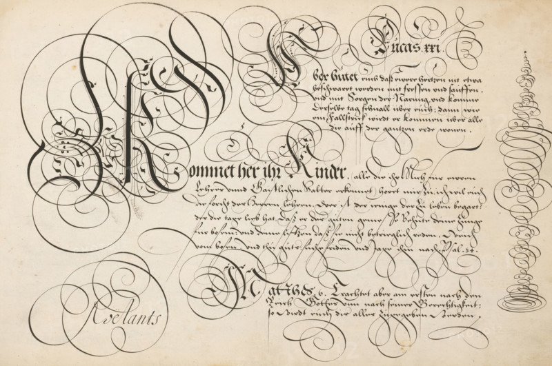 Writing example: Aber hutet euch, 't Magazin oft pac-huys der loffelycker penn-const, print, album page, ornament print, Writing example with six lines of text in German: Aber hutet euch ..., followed by an ornamented initial K and the texts: Kommet her ihr Kinder ... and Matthew .6. On the right a chalice in scrollwork., printmaker: Simon Frisius, after design by David Roelands, publisher: David Roelands, Flushing, 1616 - 1617, Simon Frisius, David Roelands, printmaker, after design by, publisher, paper, engraving, height 228 mm x width 345 mm, calligraphy, A large sheet with dense black ink flourishes and ornamental loops covering much of the surface, featuring broad, sweeping curved lines that intertwine and form circular and spiral shapes, with a band of closely spaced ornamental loops running vertically near the right edge, several areas where thicker strokes create dark, calligraphic forms, and blocks of tightly arranged fine cursive strokes forming compact horizontal lines, all ...