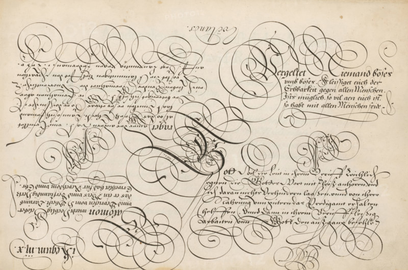 Writing sample: Vergeldet Niemand böses, 't Magazin oft pac-huys der loffelycker penn-const, print, album page, ornamental print, Writing sample with four blocks of text in German. The left half is upside down. Top right: Vergeldet Niemand böses ..., printmaker: Simon Frisius, after design by David Roelands, publisher: David Roelands, Flushing, 1616 - 1617, Simon Frisius, David Roelands, printmaker, after design by, publisher, paper, engraving, gravure, height 228 mm x width 345 mm, calligraphy, A sheet with dark flowing ink strokes forming elaborate looping flourishes and ornate calligraphic swirls across a pale, slightly aged background, with dense clusters of curved lines concentrated in various areas and thinner, more delicate loops interwoven among bolder strokes, subtle ink spots and faint paper texture visible, and several decorative circular motifs composed of interlacing lines scattered across the surface.