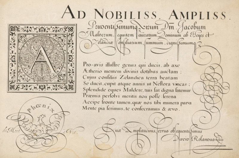 Writing example: Pro-avis illustre genus, 't Magazin oft pac-huys der loffelycker penn-const, print, album page, ornamental print, Writing example with a large decorated initial A and eight lines of text in Latin: Pro-avis illustre genus ... Above it a four-line text with a dedication to Jaques (Jacob) van Malderé. Bottom left a phoenix in scrollwork., printmaker: Simon Frisius, after design by David Roelands, publisher: David Roelands, Flushing, dedicated to: Jacob van Malderé, Middelburg, 1616 - 1617, Simon Frisius, David Roelands, Jacob van Malderé, printmaker, after design by, publisher, paper, engraving, gravure, height 228 mm x width 345 mm, calligraphy, Aged paper with ornate black ink decoration including a large square panel containing an intricately patterned circular medallion filled with floral and foliate scrollwork and a prominent outlined letter at its center, elegant sweeping calligraphic flourishes to the right forming loops and spirals, a block of neatly aligned serif...