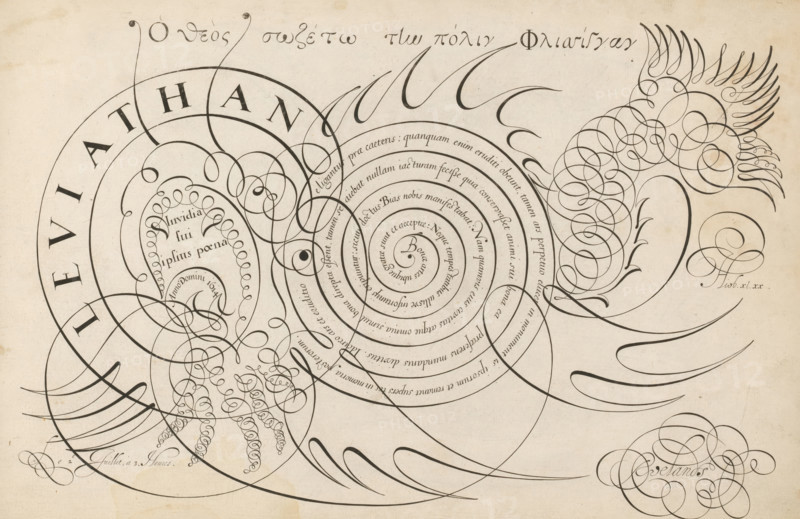 Writing sample with a sea monster in scrollwork, 't Magazin oft pac-huys der loffelycker penn-const, print, album page, ornamental print, Writing sample with a sea monster in scrollwork and a line of text written in a spiral, in Latin: Bonae artes ubique ... At the top a line in Greek. By the mouth of the sea monster: Leviathan., printmaker: Simon Frisius, after design by David Roelands, publisher: David Roelands, Flushing, 1616 - 1617, Simon Frisius, David Roelands, printmaker, after design by, publisher, paper, engraving, gravure, height 228 mm x width 345 mm, calligraphy, A large sheet with black ink calligraphic swirls and flourishes forming concentric spirals and looping shapes that suggest abstract organic forms across a cream-colored background, with thick and thin curved strokes radiating outward and interweaving, several tightly wound spiral patterns, a stylized birdlike head composed of dense looping lines and featherlike strokes at the upper right, ornamental curlicues clust...