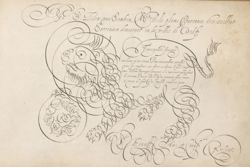 Writing sample with a lion in scrollwork, 't Magazin oft pac-huys der loffelycker penn-const, print, album page, ornamental print, Writing sample with a lion in scrollwork and five lines of text in French, titled: Faire passe sçavoir. At the top a two-line text with a dedication to Felix van Sambix, schoolmaster in Delft., printmaker: Simon Frisius, after design by David Roelands, publisher: David Roelands, Flushing, dedicated to: Felix van Sambix, Delft, 1616 - 1617, Simon Frisius, David Roelands, Felix van Sambix, printmaker, after design by, publisher, paper, engraving, gravure, height 228 mm x width 345 mm, calligraphy, A large sheet of aged paper filled with elaborate dark ink flourishes forming looping ornate curlicues and circular spirals that interconnect across the page, with denser clusters of tight loops suggesting rounded shapes and thinner extended swirls reaching outward; areas of delicate thin strokes create decorative fronds and scalloped chains, while broader curved li...