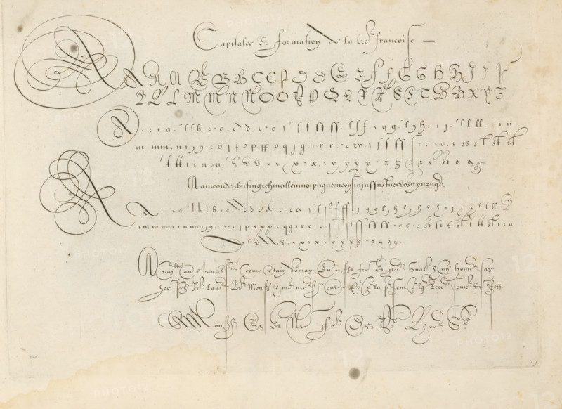 Capitale et formation de la l(et)tre francoise, Writing example: the French letter, Grammato-Graphices. In Quo Varia Scripurae Emblemata, print, album page, ornament print, Series number, 29, Writing example with twelve lines with the alphabet and letter combinations in the French letter., printmaker: Cornelis Dircksz. Boissens, Amsterdam, 1605, paper, engraving, gravure, height 195 mm x width 273 mm, height 227 mm x width 345 mm, calligraphy, A sheet of aged paper with inked calligraphic flourishes and ornamental penmanship arranged in horizontal bands, featuring large looping swirls at the top left and mid left, rows of small elegant strokes and delicate hooked marks across the upper and central area, circular decorative motifs, long vertical thin lines descending from some strokes, clusters of dense cursive-like loops near the lower center, faint spotting and discoloration across the background, and a small dark round blotch toward the bottom edge.