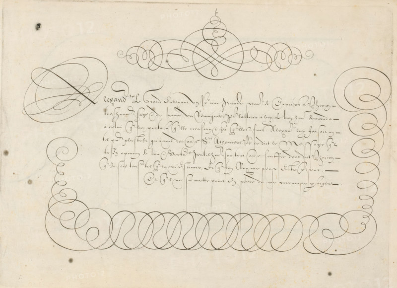 Writing example: Alexandre le Grand envoyant, Grammato-Graphices. In Quo Varia Scripurae Emblemata, print, album page, ornamental print, Writing example with seven lines of text in French: Alexandre le Grand envoyant ... The text is framed by scrollwork., printmaker: Cornelis Dircksz. Boissens, Amsterdam, 1605, paper, engraving, gravure, height 195 mm x width 267 mm, height 227 mm x width 345 mm, calligraphy, A sheet of aged paper with ornate penmanship and decorative flourishes occupying the top, sides, and lower portion of the page, featuring tightly looped spirals and sweeping curved lines in dark ink. The center area contains a block of flowing cursive lines written in a delicate hand, each line ending with long vertical strokes that extend downward. Large ornamental loops frame the composition at left and right edges and a dense horizontal band of interlocking loops stretches across near the bottom. Small ink spots and faint discolorations are scattered across the paper surface.