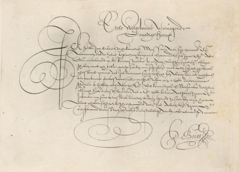 Writing sample: Noble well-born wealthy, Grammato-Graphices. In Quo Varia Scripurae Emblemata, print, album page, ornament print, Series number, 11, Writing example with eleven lines of text in Dutch: Ick hebbe door de laetse ... Above that the salutation: Noble well-born wealthy Genadige Heere., printmaker: Cornelis Dircksz. Boissens, Amsterdam, 1605, paper, engraving, gravure, height 195 mm x width 271 mm, height 227 mm x width 345 mm, calligraphy, A sheet of aged paper with a large ornate ink flourish dominating the left side and another sweeping flourish near the lower center, a block of closely written cursive lines occupying the upper right quadrant, several smaller decorative loops and swirls around the bottom right, and faint spots and discoloration scattered across the background.