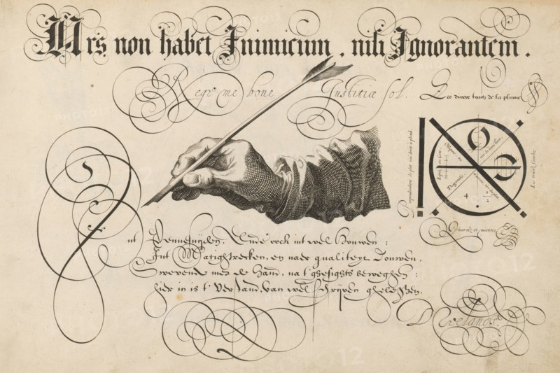 Right hand with goose quill, Ars non habet inimicum, nisi ignorantem, 't Magazin oft pac-huys der loffelycker penn-const, print, albumblad, ornamentprent, Right hand with a goose quill and four lines of Dutch text: In the pen cutting and also in the good hewing, in the matting, and according to quality, Moving with the hand, moving according to sight, Herein lies the understanding of good writing. On the right, a diagram shows the different pen strokes., printmaker: Simon Frisius, after design by David Roelands, publisher: David Roelands, Flushing, 1616 - 1617, Simon Frisius, David Roelands, printmaker, after design by, publisher, paper, engraving, gravure, height 228 mm x width 345 mm, calligraphy, quill, handwriting, writing as activity, A detailed engraving shows a disembodied hand emerging from a sleeve and holding a long feathered quill, surrounded by numerous elegant swirling pen flourishes and ornamental loops. Decorative calligraphic strokes and elaborate curlicues arc across t...