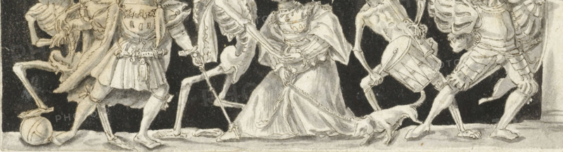 Dance of Death (left half), drawing, watercolor, draftsman (artist): Gesina ter Borch (possibly), Zwolle, after design by Hans Holbein (II), Europe, 1643 - c. 1687, draftsman (artist), paint (coating), keratinous material, feather (material), biological material, materials by function, paper, pen (feather), ink, brush, pen in brown and brush in black and brown, height 40 mm x width 117 mm, height 243 mm x width 360 mm, Pasted drawing with copy of half of a 16th century copy of a lost design by Hans Holbein the Younger for a dagger scabbard., A horizontal grayscale drawing shows a row of skeletal figures and clothed figures walking across a dark background. From left to right there is a skeletal leg balanced on a round object beside a clothed figure wearing a short pleated skirt and decorative belt, holding a staff or sword with a flowing cloak; next is a skeletal figure with an arm extended toward a central clothed female figure in a long flowing gown who holds a staff and whose other ...