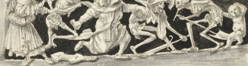 Dance of Death (right half), drawing, watercolor, draftsman (artist): Gesina ter Borch (possibly), Zwolle, after design by Hans Holbein (II), Europe, 1643 - c. 1687, draftsman (artist), paint (coating), keratinous material, feather (material), biological material, materials by function, paper, pen (feather), ink, brush, pen in brown and brush in black, height 40 mm x width 105 mm, height 243 mm x width 360 mm, Pasted drawing with copy of half of a 16th century copy of a lost design by Hans Holbein the Younger for a dagger scabbard., A monochrome scene showing several skeletal figures and a clothed figure standing against a dark background, with the clothed figure wearing a pleated skirt and ruffled sleeves, hands extended toward the skeletons; the skeletons are posed in various crouching and reaching positions, some holding sticks or staffs and one with a draped piece of cloth, all rendered in thin, angular bone forms, while a violin-like instrument lies on the ground in front of them ...