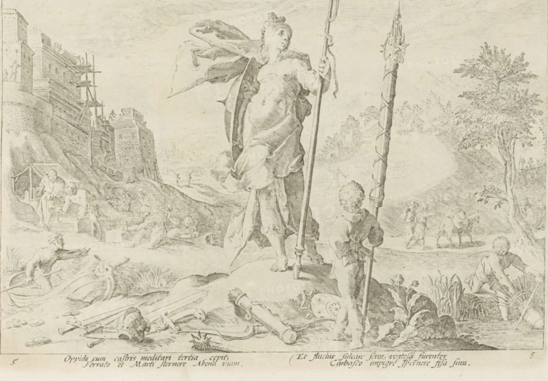 Bronze Age, Ovid's Metamorphoses, Re-creations by P. Ovid Naso, print, album page, Series number, 5, 52, Depiction of life during the Bronze Age, which was rougher in nature and where people were quicker to prepare for battle than in the Silver Age. In the foreground stands Minerva with a boy beside her holding a bundle of bladed weapons. Various weapons also lie on the ground: swords, a helmet and shield, a quiver, and a morning star. On the left in the background, men are building a defensive structure or fort. On the right, a boy pulls a duck basket out of the water. Below the image, two sets of two lines of verse in Latin., printmaker: workshop of Hendrick Goltzius, Haarlem, after design by Hendrick Goltzius, writer (clerical worker): Franco Estius, publisher: Hendrik Bosch, Amsterdam, 1589, 1728, Hendrick Goltzius, Franco Estius, Hendrik Bosch, printmaker, after design by, writer (clerical worker), publisher, paper, engraving, gravure, height 174 mm x width 255 mm, building activi...