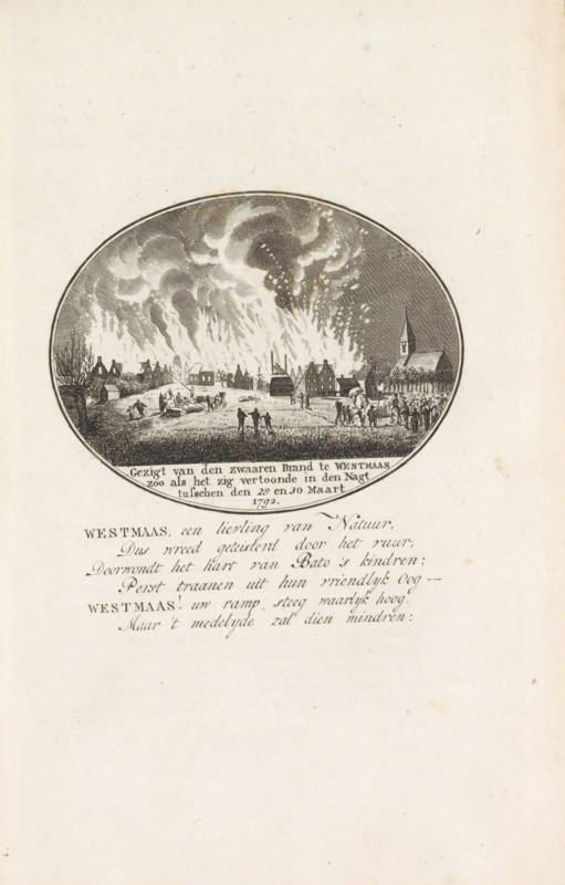Fire in Westmaas, 1792, View of the severe fire in Westmaas as it appeared on the night between March 29 and 30, print, book illustration, Great fire in the village of Westmaas on the night of March 29 to 30, 1792. Below the oval illustration, a verse of six lines. In L. van Ollefen: De Nederlandsche city and village bescriber (1793)., printmaker: attributed to Anna Catharina Brouwer, Northern Netherlands, after drawing by Johannes van Diepenhuijsen (attributed to), 1792 - 1793, Attributed to, paper, etching, engraving, etching and engraving, height 220 mm x width 145 mm, on fire, ablaze, Period, 1792-03-29 - 1792-03-30, An oval engraving centered on a pale sheet shows a village scene with large swirling clouds and intense flames rising above rows of houses, silhouetted buildings that include a church with a tall steeple and various peaked roofs, small groups of people gathered in the foreground and along the street, some standing and some appearing to move toward the village, leafless...