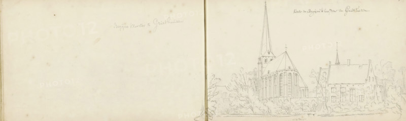 Church and Beguine convent at Griethausen, sketchbook page, Page 45 verso and 46 recto from a sketchbook with 69 pages., annotation: 'Church and Beguine convent at Griethuizen, water', draftsman (artist): Abraham de Haen (II), Griethausen, draftsman (artist): Cornelis Pronk, 1731, draftsman (artist), North Rhine-Westphalia, materials by function, paper, pencil, ink, pen, pen in grey, height 143 mm x width 222 mm, church (exterior), abbey, monastery, convent, Roman Catholic church, St. Martin's Church (Griethausen), A wide pencil sketch on aged paper showing a church with a tall pointed spire and adjacent pitched-roof building set behind trees and low vegetation, with a horizontal waterline in the foreground and faint sketching marks and smudges across the paper.