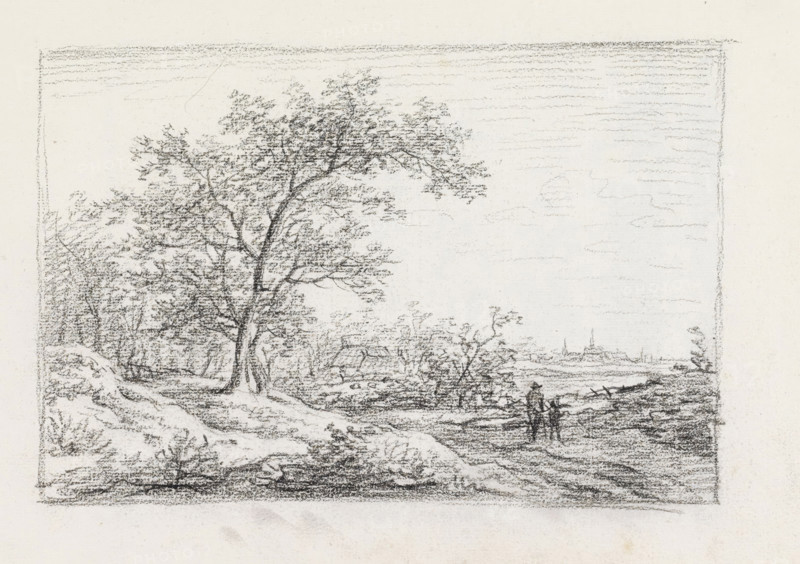 Landscape with two figures on a path, sketchbook page, In the background the silhouette of a village and a house among the bushes. Page 19 recto from a sketchbook with 75 pages., draftsman (artist): Andreas Schelfhout, c. 1811, draftsman (artist), inorganic material, paper, chalk, black chalk, height 233 mm x width 335 mm, road, path, landscapes (landscape with figures, staffage), A rectangular pencil drawing framed by a faint border shows a landscape with a large deciduous tree near the center left, its trunk and branches rendered with fine, textured strokes and a canopy of scattered leaves. To the left and behind the main tree are additional smaller trees and undergrowth sketched with similar light, stippled marks. The foreground contains uneven ground and rocky surfaces indicated by shaded, cross-hatched lines, while the middle ground opens to a flatter, grassy area with low shrubs and small plants. Near the right middle ground two small human figures stand beside a low fence or ban...
