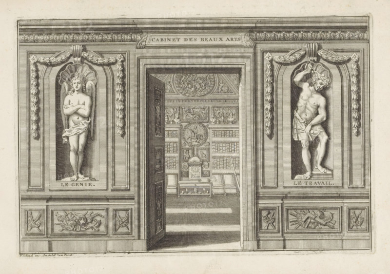 Open door to an art room with statues on either side of the personifications of Genius and Work, Cabinet des Beaux Arts, Le Cabinet des Beaux Arts, The Treasury of the Fine Arts, print, album page, title page, Open door to a room with an art collection. On either side statues of the personifications of Genius, with flame of inspiration on the head, and Work with hammer and compass. Print is part of an album., printmaker: Pieter Sluyter, Amsterdam, after print by Pierre Lepautre, publisher: Pieter Schenk (I), grantor of privilege: States of Holland and West Friesland, 1693, Pierre Lepautre, after print by, paper, etching, engraving, etching and engraving, height 220 mm x width 311 mm, 'Genio' (Ripa), Labour, cabinet of curiosities, 'Kunst- und Wunderkammer', An architectural engraving showing a central open doorway flanked by two recessed niches each containing a sculpted full-length figure, the left figure with wings and crossed arms draped with a cloth at the waist and standing on a s...