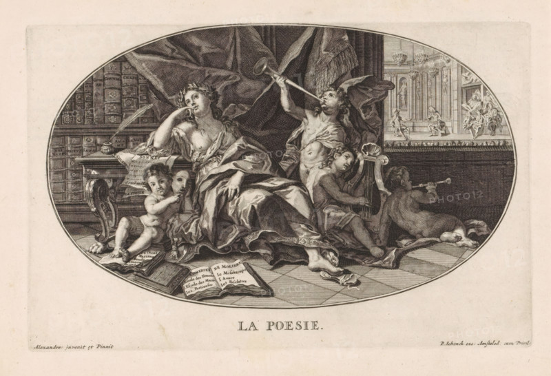 La Poesie, Poetry or Poetic Art, Le Cabinet des Beaux Arts, The Treasury of the Liberal Arts, print, album page, Ceiling piece with the personified Art of Poetry, leaning against a writing desk with a laurel wreath on her head. Surrounding her are putti with musical instruments and a mask. On the left, a bookcase. In the background on the right, a theater where the play Cinna is being performed. Print is part of an album., printmaker: Pieter Sluyter, Amsterdam, after print by Pierre Lepautre, after painting by Alexandre (painter), publisher: Pieter Schenk (I), grantor of privilege: States of Holland and West Friesland, 1693, Pierre Lepautre, after print by, paper, etching, engraving, height 171 mm x width 263 mm, (decorated) ceiling, symbolic representations, allegories and emblems, poetry, 'Poesia' (Ripa), A detailed oval engraving shows a seated female figure draped in flowing fabric, leaning her head on one hand with a pensive expression, surrounded by four cherubic children and the...