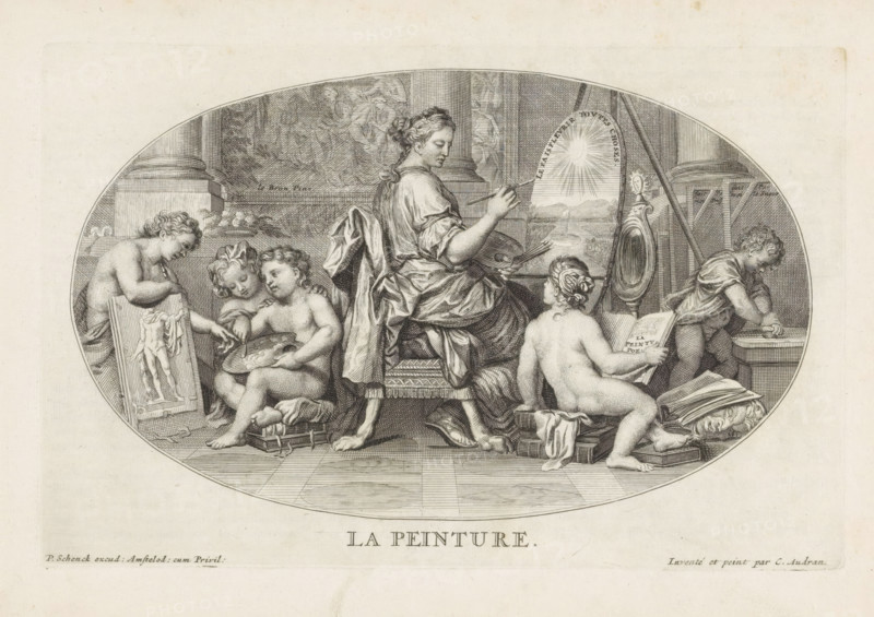 Painting, La Peinture, Le Cabinet des Beaux Arts, The Treasury of the Fine Arts, print, album page, Ceiling piece with the personification of Painting. She holds a brush and palette in her hands and works on a painting. Putti assist her. On the far right, a putto is rubbing paint. Print is part of an album., printmaker: Pieter Sluyter, Amsterdam, after print by Gérard Audran, after print by Germain Audran, after painting by Claude Audran (II), publisher: Pieter Schenk (I), grantor of privilege: States of Holland and West Friesland, 1693, Gérard Audran, Germain Audran, paper, etching, engraving, height 170 mm x width 262 mm, 'Pictura', symbolic representations, allegories and emblems, 'Pittura' (Ripa), (decorated) ceiling, An oval engraving shows a seated woman facing slightly to the right, holding brushes and a palette, with draped clothing and hair gathered at the back of her head; she sits on a decorated stool in an architectural interior with columns and a curtain behind her. Surrou...