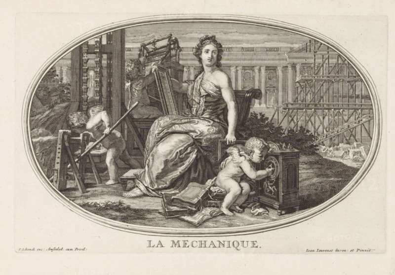 Mechanica, La Mechanique, Le Cabinet des Beaux Arts, De Schatkamer der Vrye Konsten, print, album page, Ceiling piece with the personification of Mechanica. She sits with a ruler in her hand amidst constructions and building activities. Next to her, a putto is working on the mechanism of a clock. Print is part of an album., printmaker: Pieter Sluyter, Amsterdam, after print by Louis Simonneau, after painting by Jean Baptiste Jouvenet, publisher: Pieter Schenk (I), grantor of privilege: States of Holland and West Friesland, 1693, Louis Simonneau, after print by, paper, etching, engraving, height 170 mm x width 263 mm, (decorated) ceiling, 'Mecanica' (RIPA), An oval engraving shows a seated woman in draped clothing holding a framed object, surrounded by three cherubic children; one child nearby is kneeling and turning a circular mechanism on a decorative box, another child stands at a workbench handling a long pole, and a third child sits behind the woman working at a loom-like device. T...