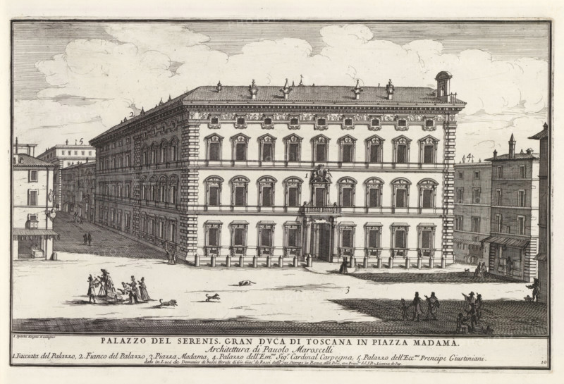Palazzo del serenis. gran duca di Toscana in Piazza Madam, Palazzo Madama in Rome, Modern buildings in Rome, Il quarti libro del nuovo teatro delli palazzi in prospettiva di Roma moderna daton in luce sotto il felice pontificato de nostro signore papa Innocenzo 52, Title and a glossary of numbers in the bottom margin. Print is part of an album., printmaker: Alessandro Specchi, Italy, publisher: Domenico de' Rossi, Rome, grantor of privilege: Innocent XII, Vatican City, dedicated by: Domenico de' Rossi, dedicated to: Clement XI, 1699, Domenico de' Rossi, Innocent XII, Clement XI, printmaker, after drawing by, publisher, grantor of privilege, paper, etching, height 215 mm x width 330 mm, This print is part of a series of 52 prints depicting palaces in Rome. Together with four other series, it forms the large series: 'Il nuovo teatro di Roma moderna'., hotel, i.e. small palace in city, Palazzo Madama (Rome), A detailed black and white engraving shows a large rectangular palatial building ...