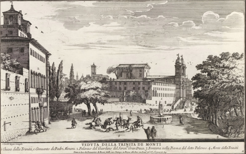 Villa Medici and the Trinita dei Monti in Rome, Veduta della Trinita de Monti, Il quarti libro del nuovo teatro delli palazzi in prospettiva di Roma moderna daton in luce sotto il felice pontificato de nostro signore papa Innocenzo XI, (libro quarto), Modern buildings in Rome, Il nuovo teatro di Roma moderna, print, album page, Series number, 11, 52, Title and an explanatory list of numbers in the bottom margin. Print is part of an album., printmaker: Alessandro Specchi, Italy, publisher: Domenico de' Rossi, Rome, grantor of privilege: Innocent XII, Vatican City, dedicated by: Domenico de' Rossi, dedicated to: Clement XI, 1699, Domenico de' Rossi, Innocent XII, Clement XI, printmaker, after drawing by, publisher, grantor of privilege, paper, etching, height 233 mm x width 368 mm, This print is part of a series of 52 prints depicting palaces in Rome. Together with four other series, it forms the large series: 'Il nuovo teatro di Roma moderna'., church (exterior), city-view, and landscap...