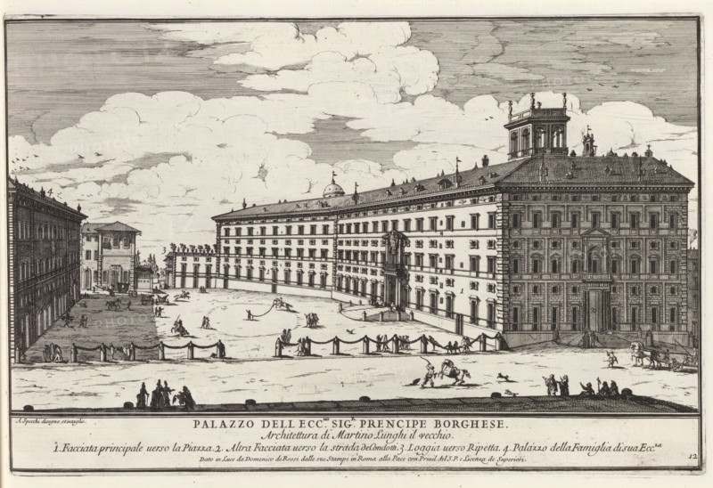 Palazzo dell ecc.mo sig.r prencipe Borghes, Palazzo Borghese in Rome, Il quarti libro del nuovo teatro delli palazzi in prospettiva di Roma moderna daton in luce sotto il felice pontificato de nostro signore papa Innocenzo XI, (libro quarto), Il nuovo teatro di Roma moderna, Modern buildings in Rome, print, album page, Series number, 12, 52, Title and an explanatory list of numbers in the bottom margin. Print is part of an album., printmaker: Alessandro Specchi, Italy, publisher: Domenico de' Rossi, Rome, grantor of privilege: Innocent XII, Vatican City, dedicated by: Domenico de' Rossi, dedicated to: Clement XI, 1699, Domenico de' Rossi, Innocent XII, Clement XI, printmaker, after drawing by, publisher, grantor of privilege, paper, etching, height 214 mm x width 325 mm, This print is part of a series of 52 prints depicting palaces in Rome. Together with four other series, it forms the large series: 'Il nuovo teatro di Roma moderna'., city-view, and landscape with man-made construction...