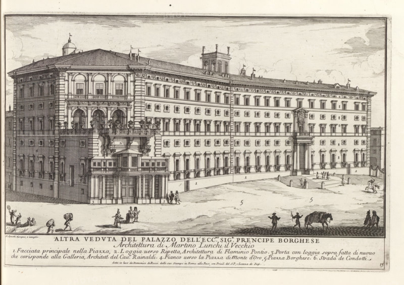 Altra veduta del Palazzo dell' ecc.mo sig.r prencipe Borghes, Palazzo Borghese in Rome, Il nuovo teatro di Roma moderna, Modern buildings in Rome, Il quarti libro del nuovo teatro delli palazzi in prospettiva di Roma moderna daton in luce sotto il felice pontificato de nostro signore papa Innocenzo Print is part of an album., printmaker: Alessandro Specchi, Italy, after drawing by Alessandro Specchi, publisher: Domenico de' Rossi, Rome, grantor of privilege: Innocent XII, Vatican City, dedicated by: Domenico de' Rossi, dedicated to: Clement XI, 1699, Alessandro Specchi, Domenico de' Rossi, Clement XI, printmaker, after drawing by, publisher, paper, etching, height 219 mm x width 335 mm, This print is part of a series of 52 prints depicting palaces in Rome. Together with four other series, it forms the large series: 'Il nuovo teatro di Roma moderna'., city-view, and landscape with man-made constructions, hotel, i.e. small palace in city, Palazzo Borghese, A large detailed architectural ...