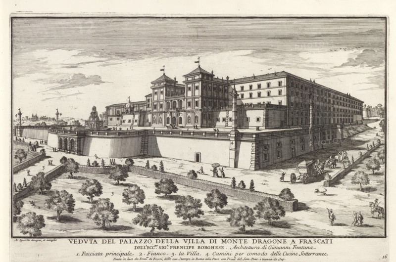 Villa Mondragone in Frascati, Veduta del Palazzo della Villa de Monte Dragone a Frascat, Modern buildings in Rome, Il quarti libro del nuovo teatro delli palazzi in prospettiva di Roma moderna daton in luce sotto il felice pontificato de nostro signore papa Innocenzo Print is part of an album., printmaker: Alessandro Specchi, Italy, publisher: Domenico de' Rossi, Rome, grantor of privilege: Innocent XII, Vatican City, dedicated by: Domenico de' Rossi, dedicated to: Clement XI, 1699, Domenico de' Rossi, Innocent XII, Clement XI, printmaker, after drawing by, publisher, grantor of privilege, paper, etching, height 217 mm x width 334 mm, This print is part of a series of 52 prints depicting palaces in Rome. Together with four other series, it forms the large series: 'Il nuovo teatro di Roma moderna'., villa, city-view, and landscape with man-made constructions, Frascati, Villa Mondragone, A wide architectural engraving shows a large multi-story palace complex with rectangular windows and ...
