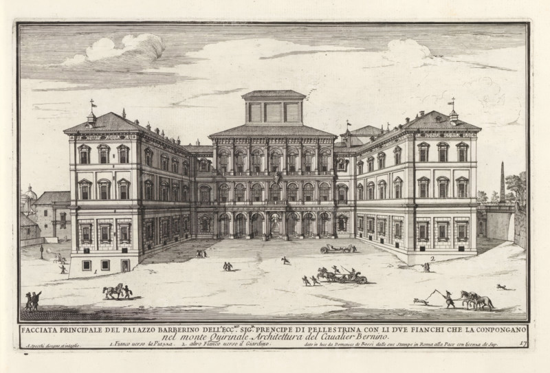 Facciata principale del Palazzo Barberino dell' ecc.mo sig.r prencipe di Pellestrina con li due fianchi che la conpongan, Palazzo Barberini in Rome, Il nuovo teatro di Roma moderna, Modern buildings in Rome, Il quarti libro del nuovo teatro delli palazzi in prospettiva di Roma moderna daton in luce sotto il felice pontificato de nostro signore papa Innocenzo Print is part of an album., printmaker: Alessandro Specchi, Italy, after drawing by Alessandro Specchi, publisher: Domenico de' Rossi, Rome, grantor of privilege: Innocent XII, Vatican City, dedicated by: Domenico de' Rossi, dedicated to: Clement XI, 1699, Alessandro Specchi, Domenico de' Rossi, Clement XI, printmaker, after drawing by, publisher, paper, etching, height 210 mm x width 331 mm, This print is part of a series of 52 prints depicting palaces in Rome. Together with four other series, it forms the large series: 'Il nuovo teatro di Roma moderna'., city-view, and landscape with man-made constructions, hotel, i.e. small pala...