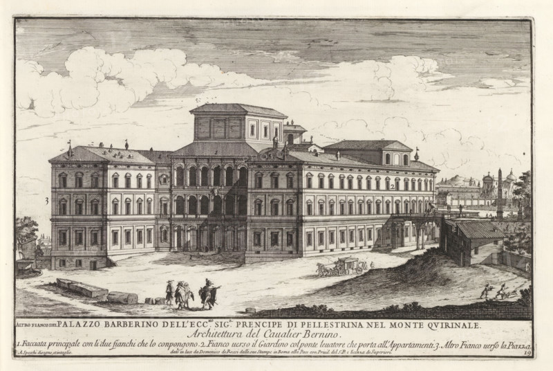 Altro fianco del Palazzo Barberino dell' ecc.mo sig.r prencipe di Pellestrina nel Monte Quirinale, Palazzo Barberini in Rome, Il nuovo teatro di Roma moderna, Modern buildings in Rome, Il quarti libro del nuovo teatro delli palazzi in prospettiva di Roma moderna daton in luce sotto il felice pontificato de nostro signore papa Innocenzo Print is part of an album., printmaker: Alessandro Specchi, Italy, after drawing by Alessandro Specchi, publisher: Domenico de' Rossi, Rome, grantor of privilege: Innocent XII, Vatican City, dedicated by: Domenico de' Rossi, dedicated to: Clement XI, 1699, Alessandro Specchi, Domenico de' Rossi, Clement XI, printmaker, after drawing by, publisher, paper, etching, height 213 mm x width 327 mm, This print is part of a series of 52 prints depicting palaces in Rome. Together with four other series, it forms the large series: 'Il nuovo teatro di Roma moderna'., city-view, and landscape with man-made constructions, hotel, i.e. small palace in city, Palazzo Bar...