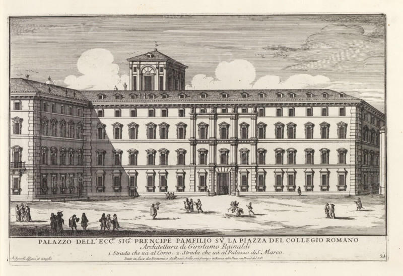 Palazzo Doria Pamphilj in Rome, Palazzo dell' ecc.mo sig.r prencipe Pamfilio su la Piazza del Collegio Roman, Modern buildings in Rome, Il quarti libro del nuovo teatro delli palazzi in prospettiva di Roma moderna daton in luce sotto il felice pontificato de nostro signore papa Innocenzo Print is part of an album., printmaker: Alessandro Specchi, Italy, after drawing by Alessandro Specchi, publisher: Domenico de' Rossi, Rome, grantor of privilege: Innocent XII, Vatican City, dedicated by: Domenico de' Rossi, dedicated to: Clement XI, 1699, Alessandro Specchi, Domenico de' Rossi, Clement XI, printmaker, after drawing by, publisher, paper, etching, height 215 mm x width 329 mm, This print is part of a series of 52 prints depicting palaces in Rome. Together with four other series, it forms the large series: 'Il nuovo teatro di Roma moderna'., city-view, and landscape with man-made constructions, hotel, i.e. small palace in city, Galleria Doria Pamphilj, A wide architectural engraving show...
