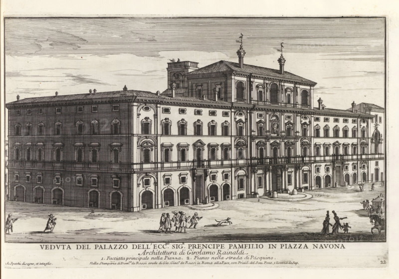 Palazzo Pamphilj in Rome, Veduta del Palazzo dell' ecc.mo sig.r prencipe Pamfilio in Piazza Navon, Il nuovo teatro di Roma moderna, Il quarti libro del nuovo teatro delli palazzi in prospettiva di Roma moderna daton in luce sotto il felice pontificato de nostro signore papa Innocenzo Print is part of an album., printmaker: Alessandro Specchi, Italy, after drawing by Alessandro Specchi, publisher: Domenico de' Rossi, Rome, grantor of privilege: Innocent XII, Vatican City, dedicated by: Domenico de' Rossi, dedicated to: Clement XI, 1699, Alessandro Specchi, Domenico de' Rossi, Clement XI, printmaker, after drawing by, publisher, paper, etching, height 218 mm x width 335 mm, This print is part of a series of 52 prints depicting palaces in Rome. Together with four other series, it forms the large series: 'Il nuovo teatro di Roma moderna'., city-view, and landscape with man-made constructions, hotel, i.e. small palace in city, Palazzo Pamphili, A detailed ink engraving of a large multi-stor...