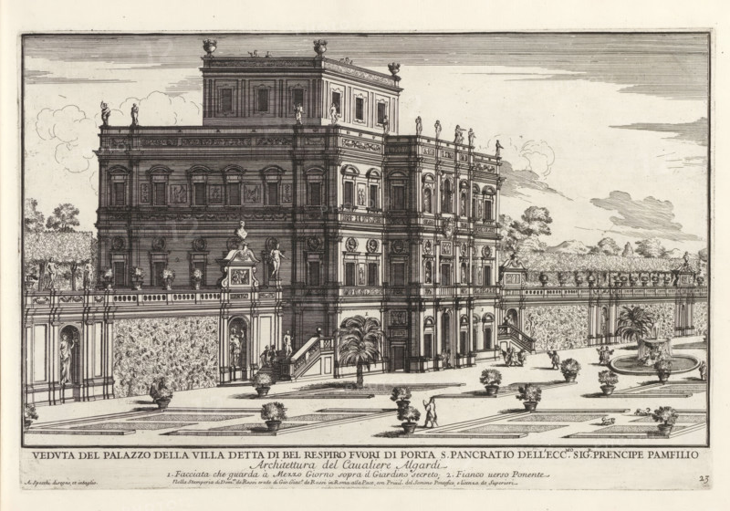 Villa Doria Pamphilj in Rome, Veduta del palazzo della villa detta di bel respiro fuori di Porta S. Pancratio dell' ecc.mo sig.r prencipe Pamfili, Il quarti libro del nuovo teatro delli palazzi in prospettiva di Roma moderna daton in luce sotto il felice pontificato de nostro signore papa Innocenzo Print is part of an album., printmaker: Alessandro Specchi, Italy, after drawing by Alessandro Specchi, publisher: Domenico de' Rossi, Rome, grantor of privilege: Innocent XII, Vatican City, dedicated by: Domenico de' Rossi, dedicated to: Clement XI, 1699, Alessandro Specchi, Domenico de' Rossi, Clement XI, printmaker, after drawing by, publisher, paper, etching, height 222 mm x width 333 mm, This print is part of a series of 52 prints depicting palaces in Rome. Together with four other series, it forms the large series: 'Il nuovo teatro di Roma moderna'., city-view, and landscape with man-made constructions, hôtel, i.e. small palace in city, Janiculum, Villa Doria Pamphili, An architectural...